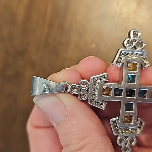 STUNNING RARE STERLING SILVER CROSS aquamarine cross pendant necklace - Picture 3 of 5